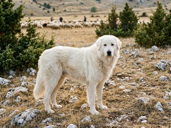 A white Maremma sheepdog standing in a field