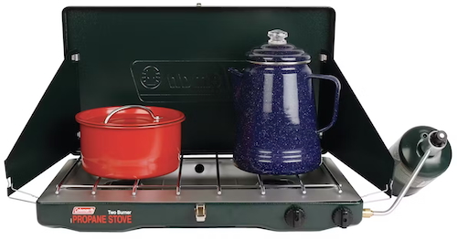 Coleman Two burner stove with a blue coffee pot and an orange cooking pot