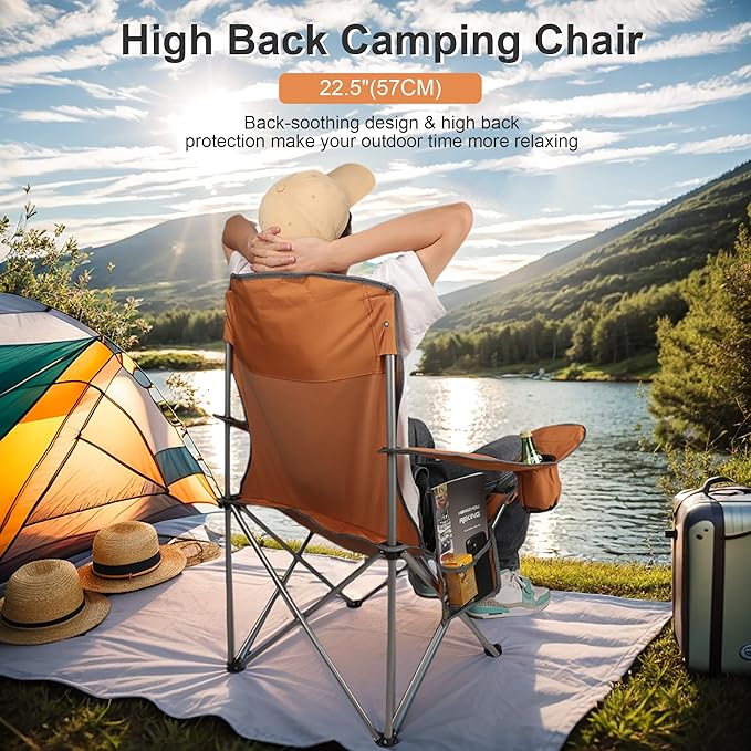 Lady in high back folding chair by a tent