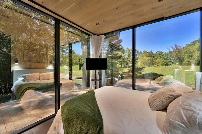 Inside a mirror cabin