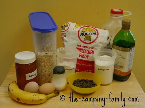 ingredients for Banana Oatmeal Chocolate Chip Muffins