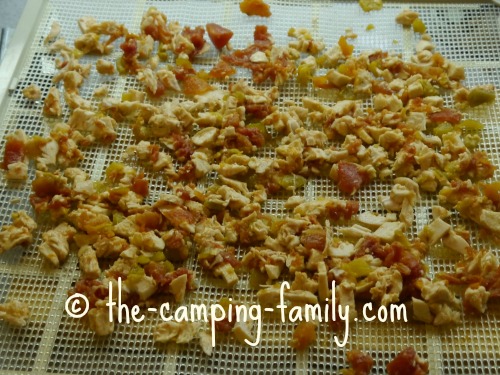 chicken mixture on dehydrator screen