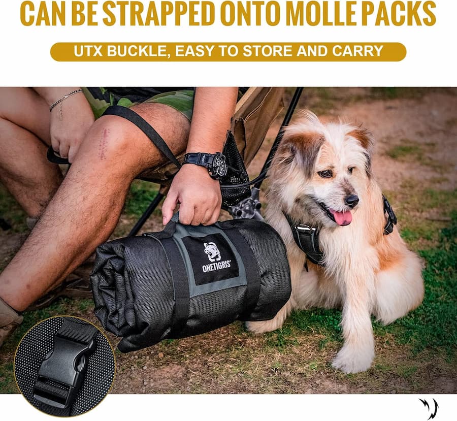 a dog bed packed up for camping