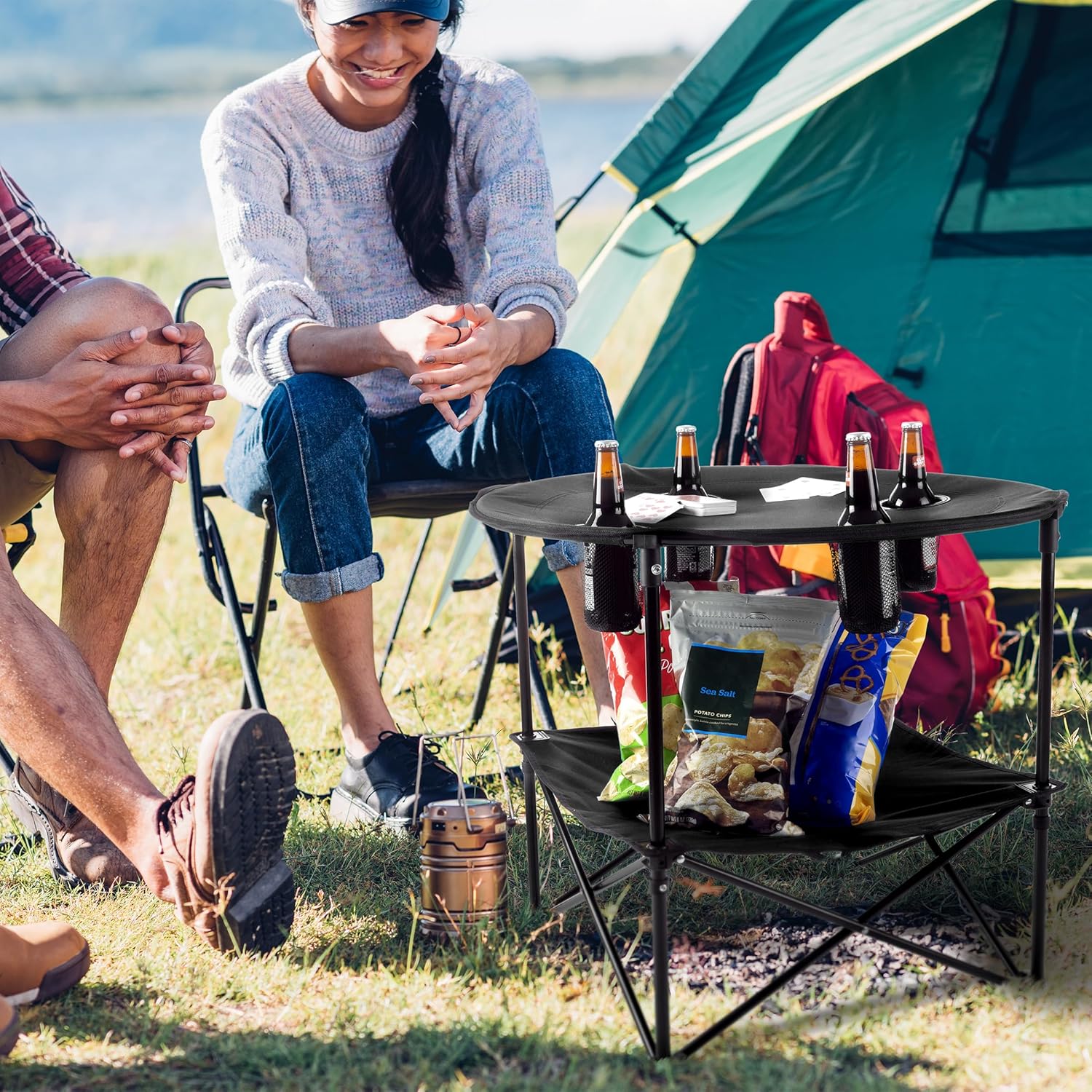 Folding table with beer holders
