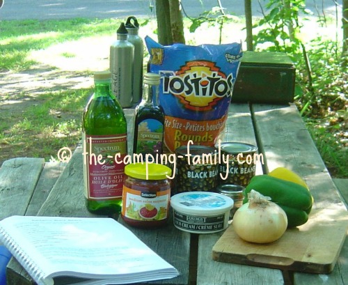 ingredients for Balsamic Black Beans on picnic table