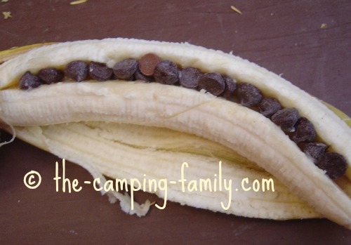 peeled banana with chocolate chips