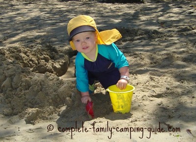 toddler in SPF suit