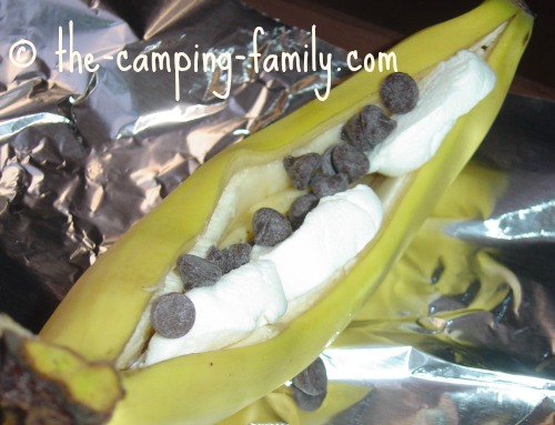 banana with chocolate chips and marshmallows