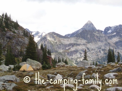 backpacking tent in alpine meadow